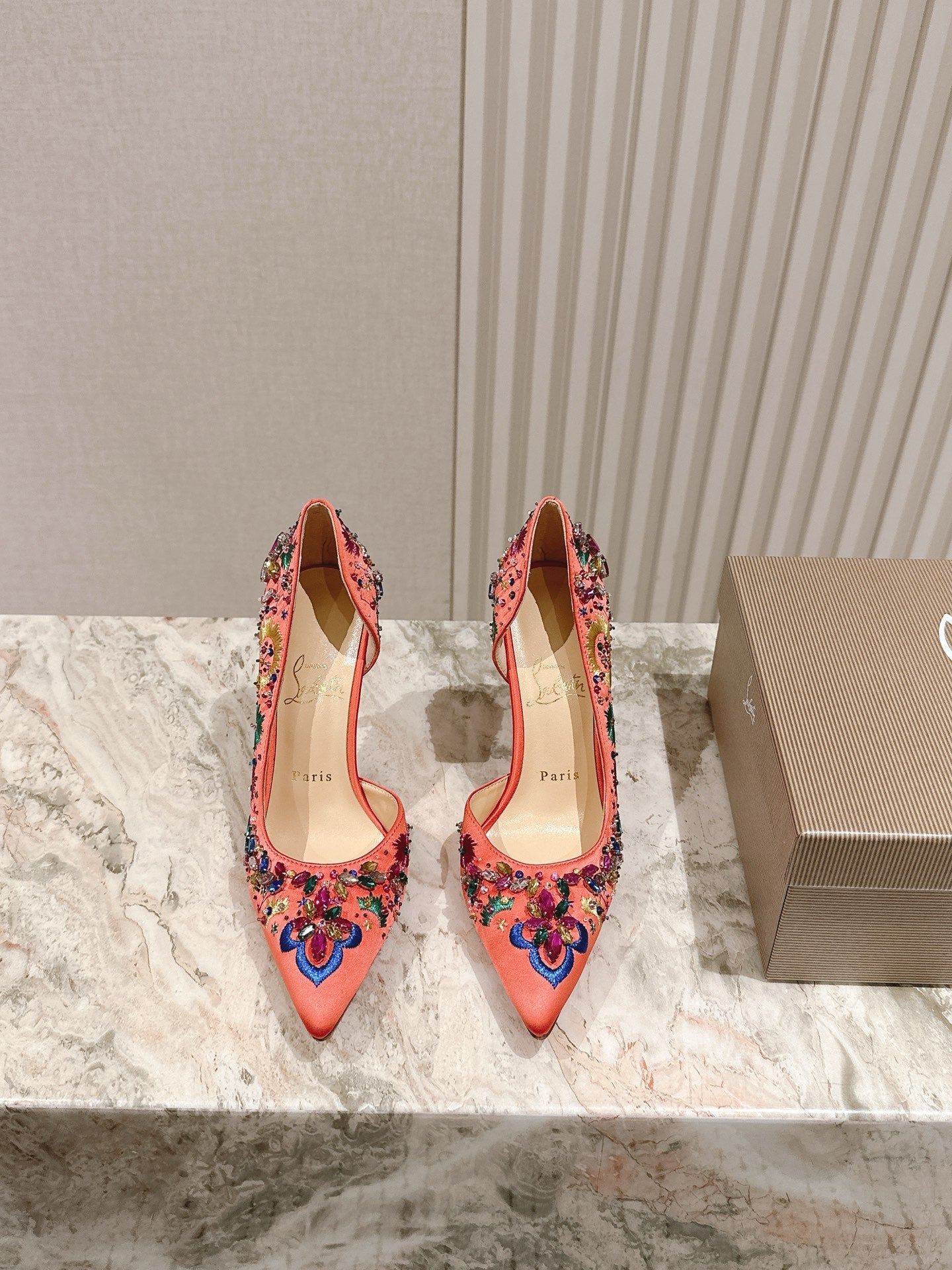 Christian Louboutin Satin Multicolor Crystal Embellished Artifice 120 Heels