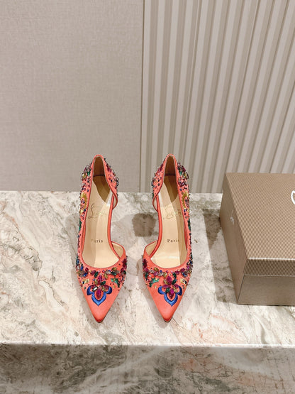 Christian Louboutin Satin Multicolor Crystal Embellished Artifice 120 Heels