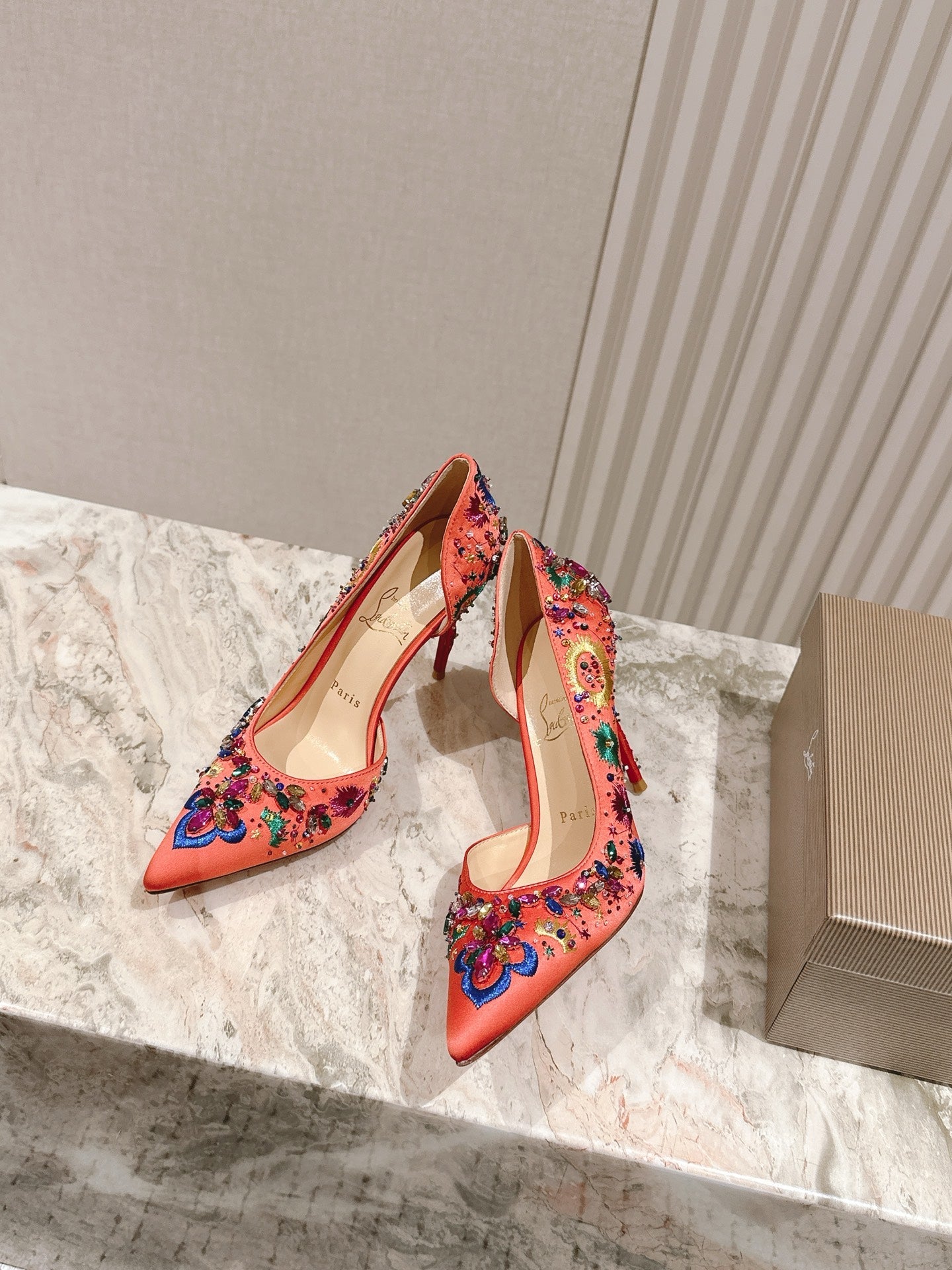 Christian Louboutin Satin Multicolor Crystal Embellished Artifice 120 Heels