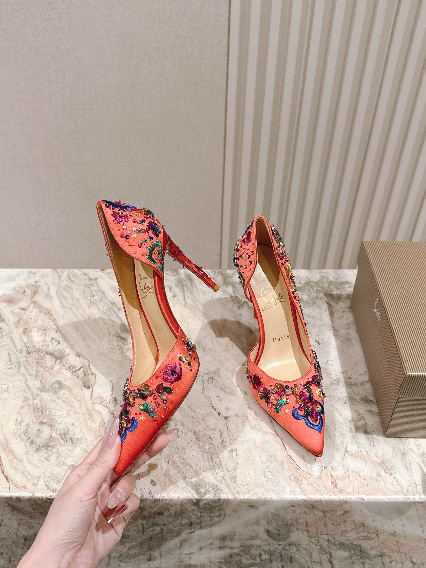 Christian Louboutin Satin Multicolor Crystal Embellished Artifice 120 Heels