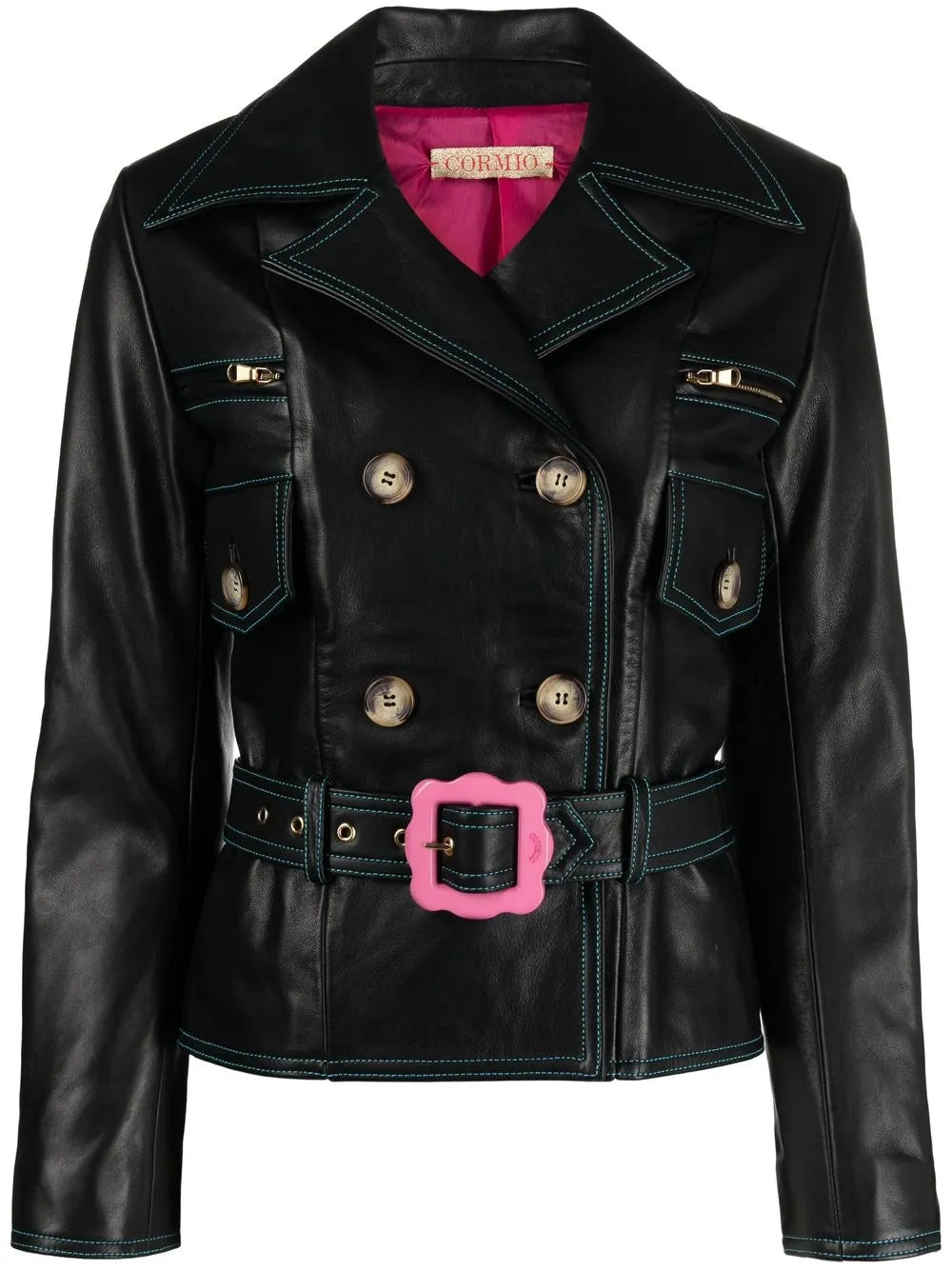 Cormio Cropped Belted Leather Jacket with Contrast Stitching