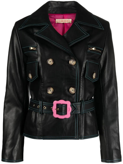 Cormio Cropped Belted Leather Jacket with Contrast Stitching