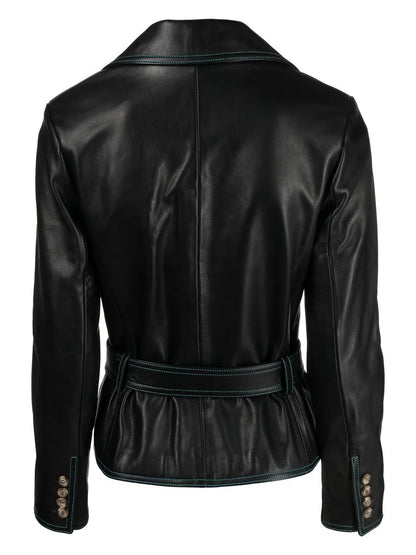 Cormio Cropped Belted Leather Jacket with Contrast Stitching