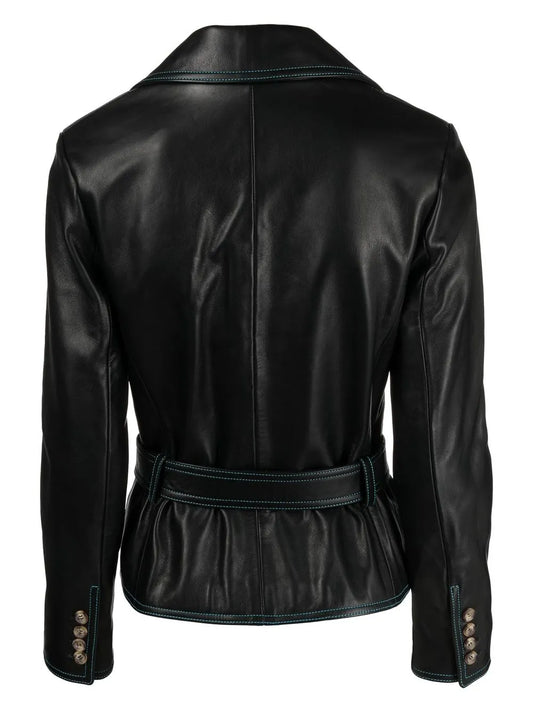 Cormio Cropped Belted Leather Jacket with Contrast Stitching