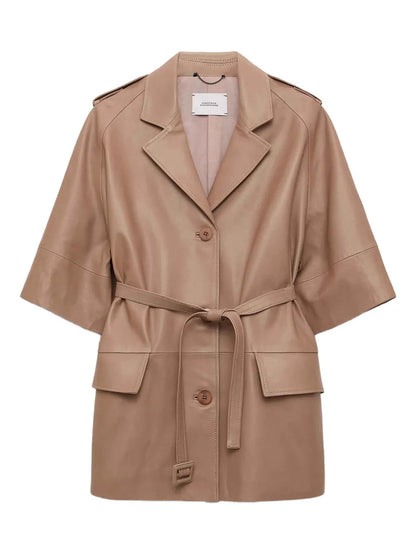 Costarellos Short-Sleeve Belted Leather Jacket