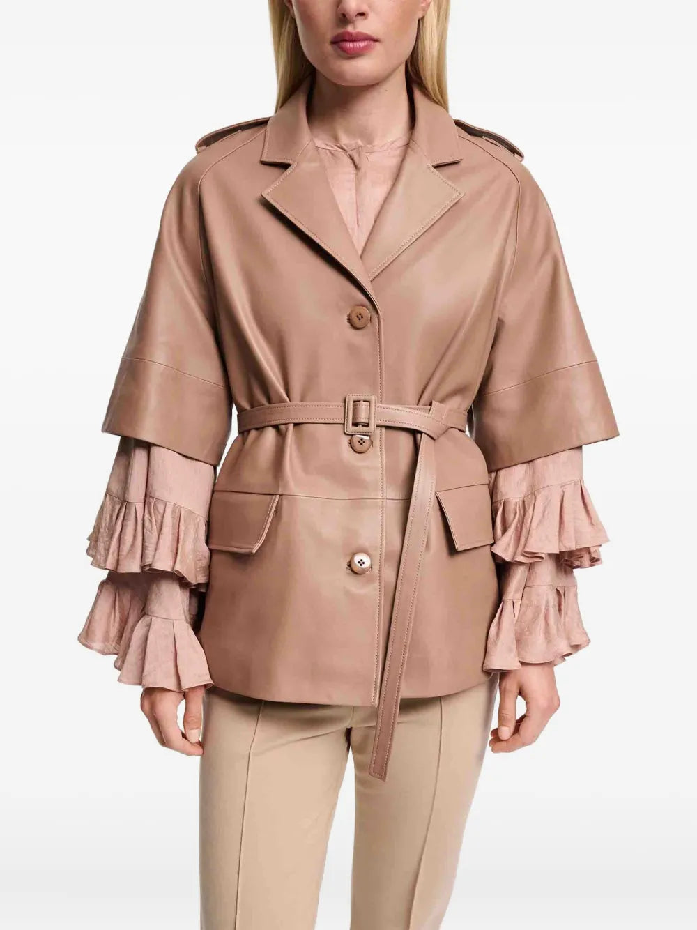 Costarellos Short-Sleeve Belted Leather Jacket