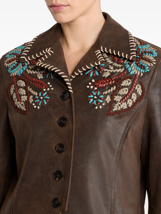 Etro Embroidered Brown Leather Jacket