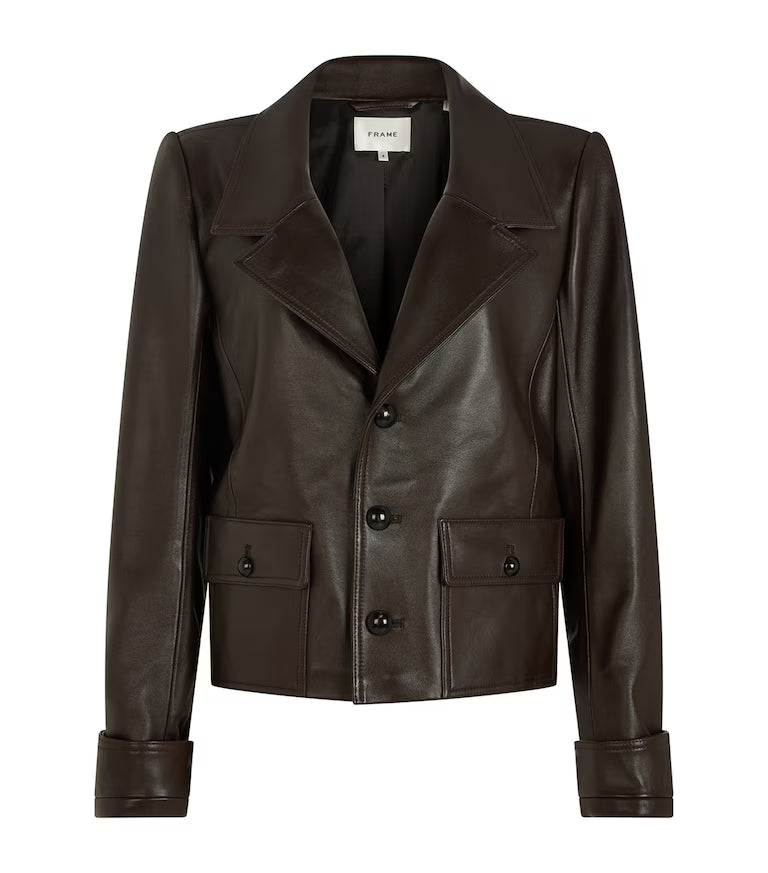 Frame Cropped Dark Brown Leather Jacket