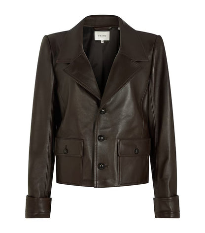Frame Cropped Dark Brown Leather Jacket