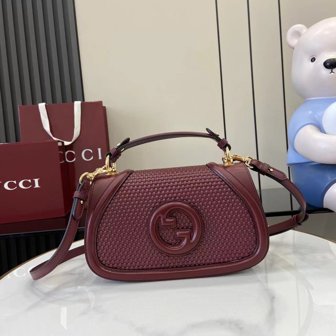 Gucci Blondie Top Handle Bag – Burgundy Woven Leather