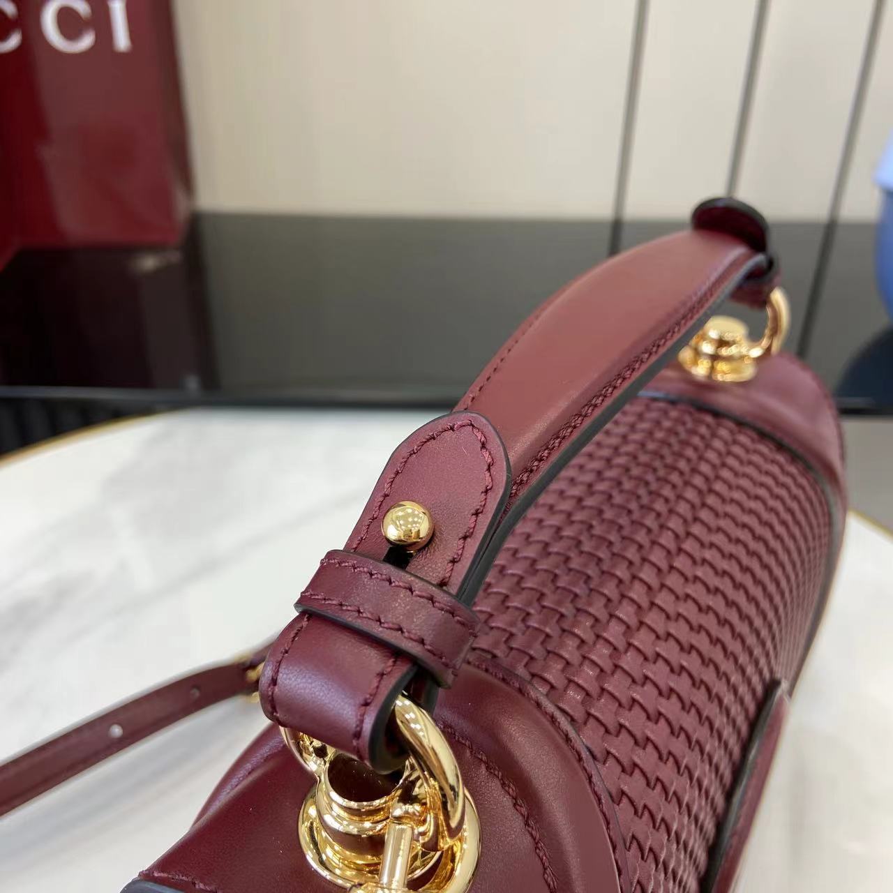 Gucci Blondie Top Handle Bag – Burgundy Woven Leather