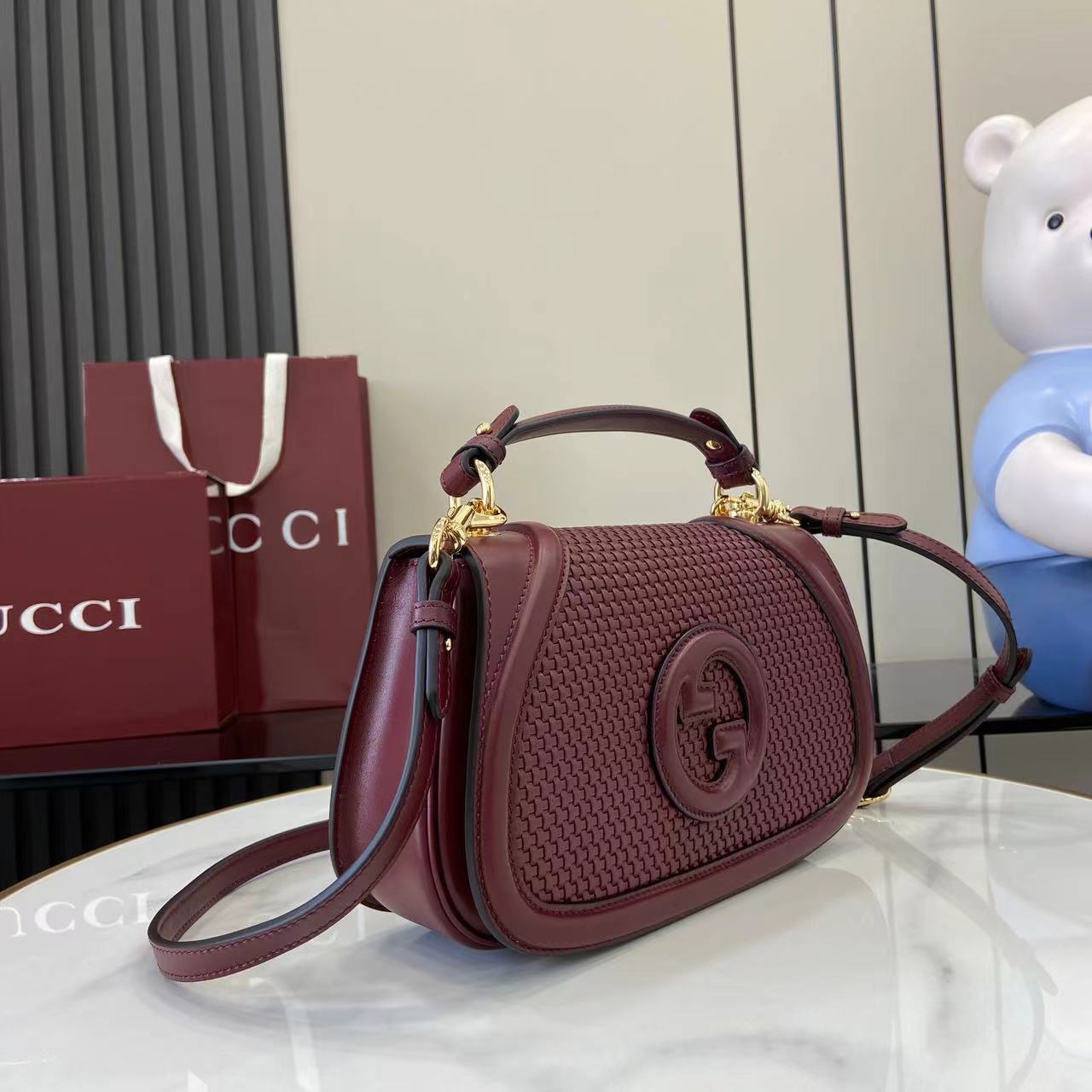 Gucci Blondie Top Handle Bag – Burgundy Woven Leather