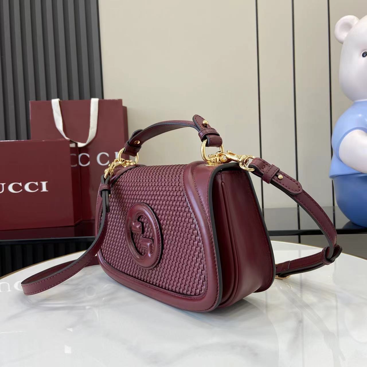 Gucci Blondie Top Handle Bag – Burgundy Woven Leather