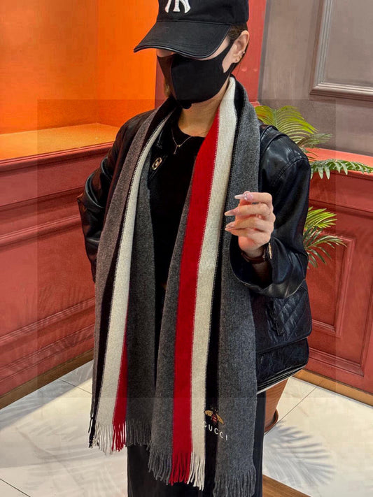 Gucci Wool Scarf with Web Stripe and Bee Embroidery