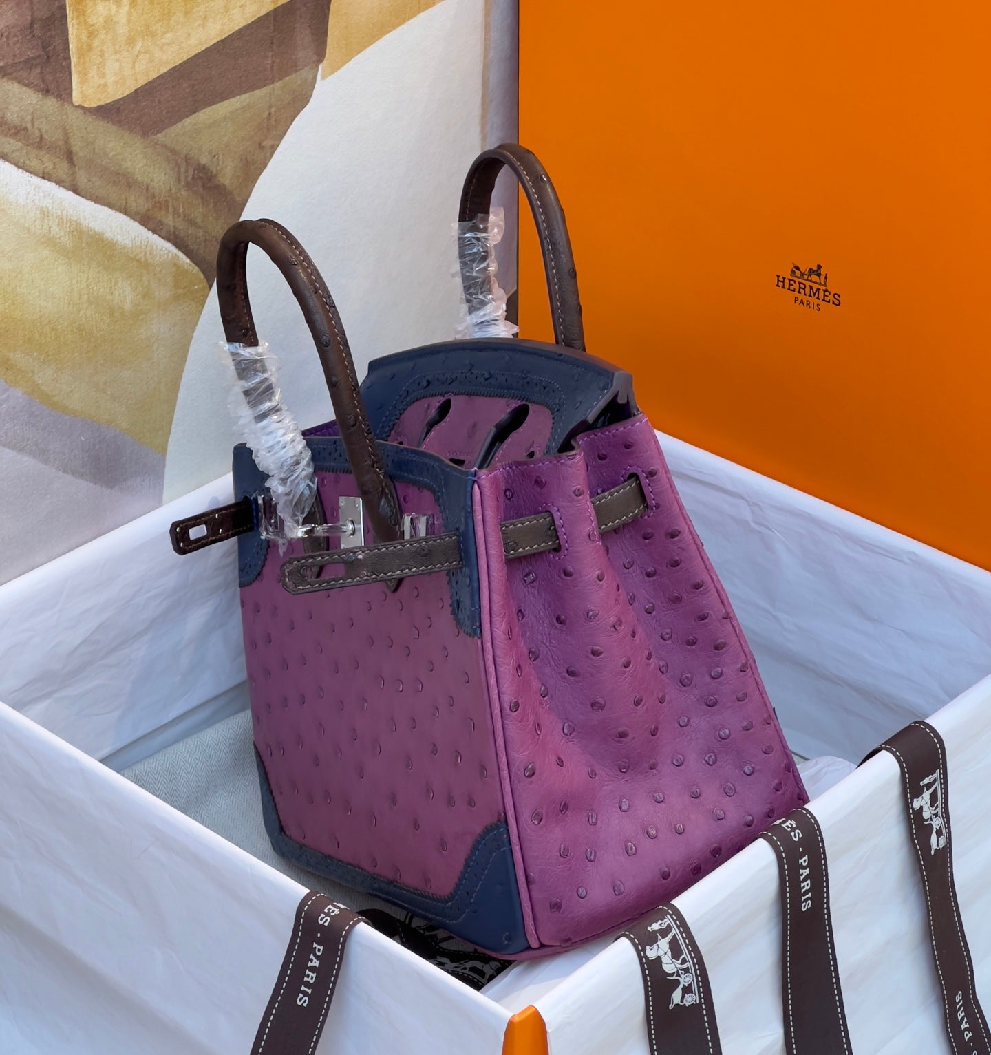 Hermès Tricolor Ghillies Ostrich Birkin 30 – Permabrass Hardware