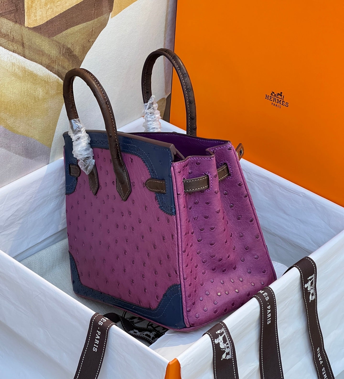 Hermès Tricolor Ghillies Ostrich Birkin 30 – Permabrass Hardware