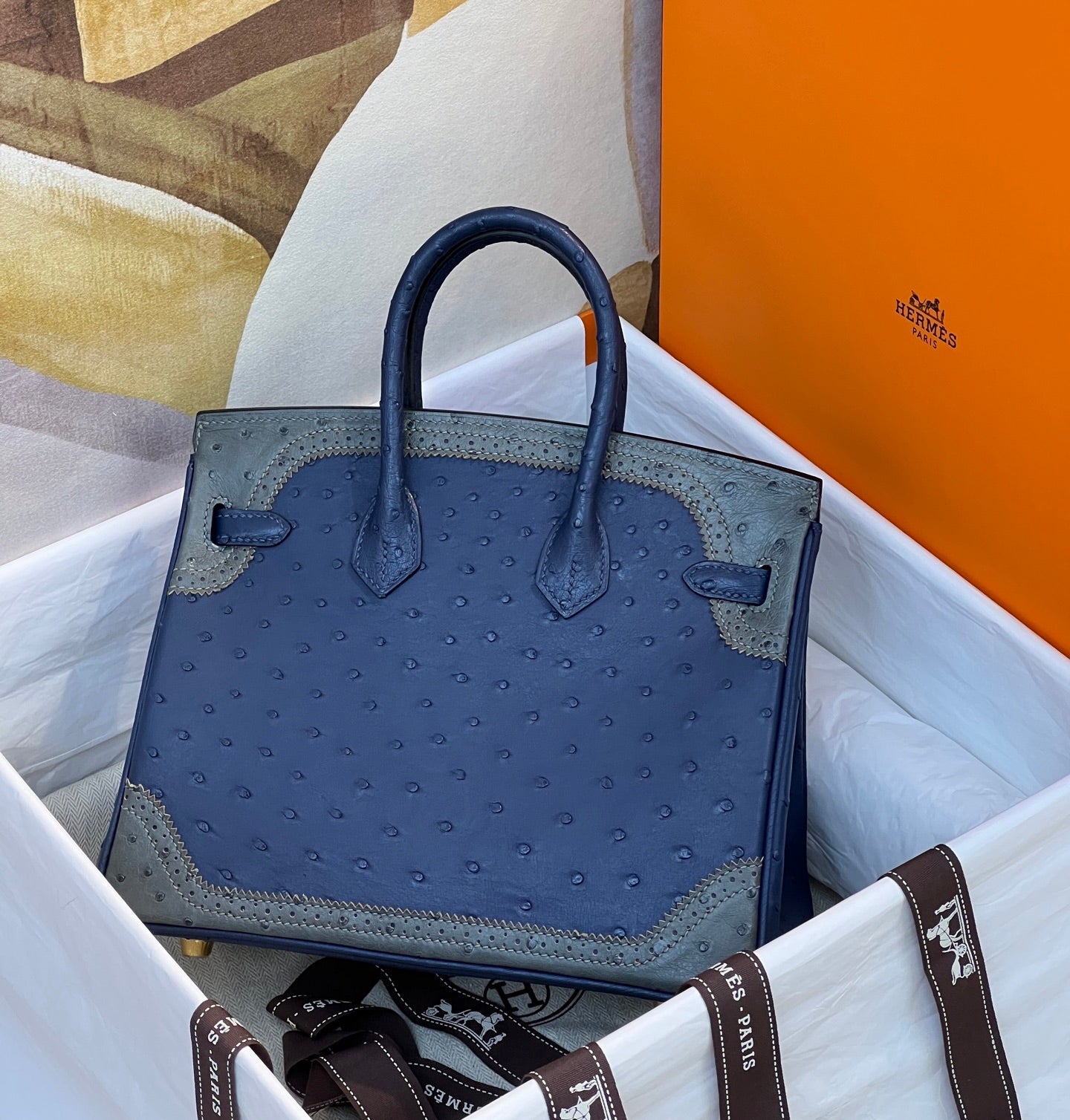 Hermès Tricolor Ghillies Ostrich Birkin 30 – Permabrass Hardware