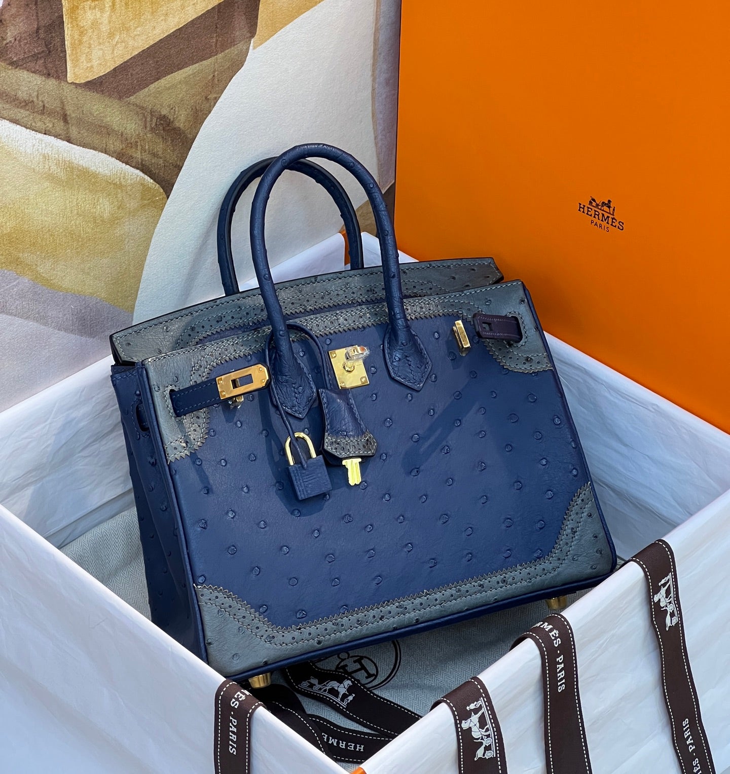 Hermès Tricolor Ghillies Ostrich Birkin 30 – Permabrass Hardware