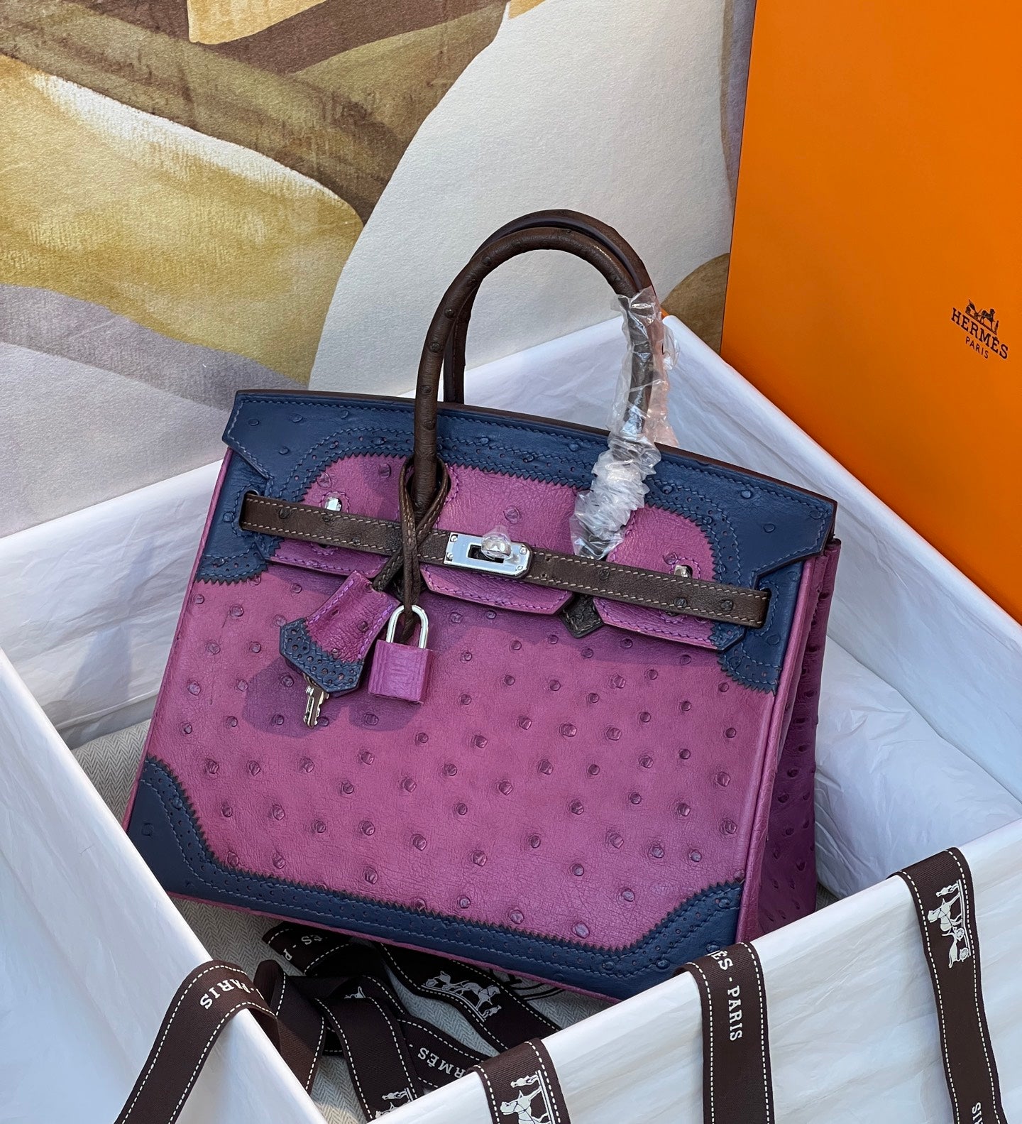 Hermès Tricolor Ghillies Ostrich Birkin 30 – Permabrass Hardware