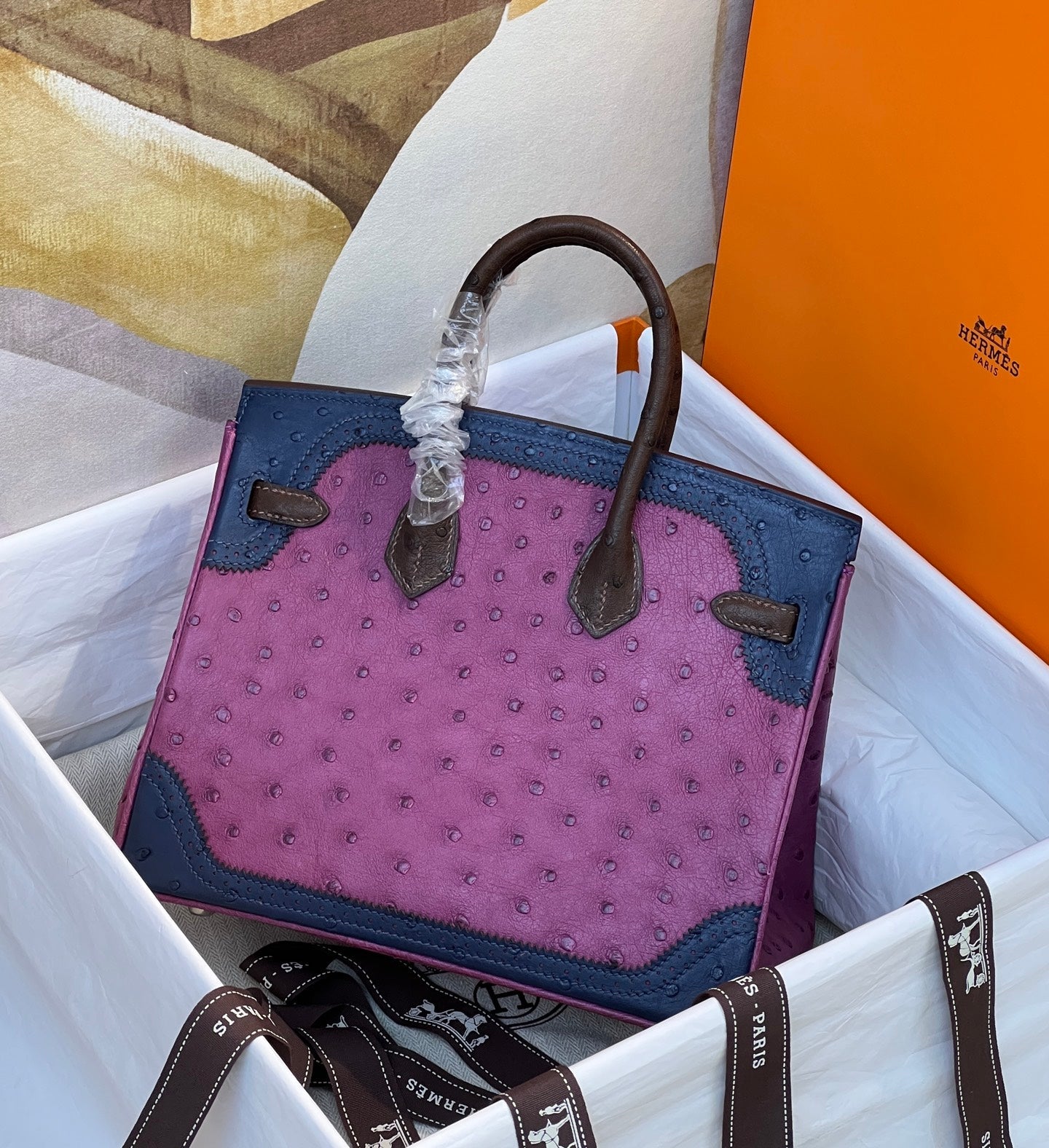 Hermès Tricolor Ghillies Ostrich Birkin 30 – Permabrass Hardware