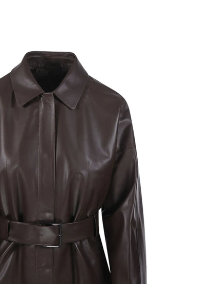 Jil Sander Dark Brown Belted Leather Coat