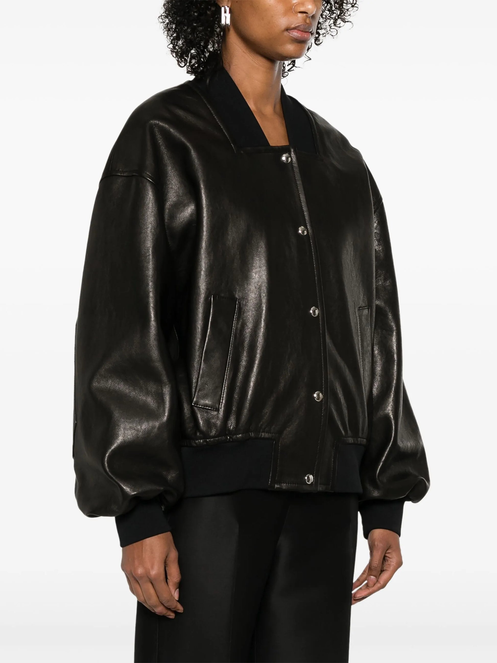 Khaite Oversized Black Leather Bomber Jacket