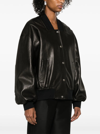 Khaite Oversized Black Leather Bomber Jacket