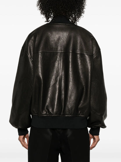 Khaite Oversized Black Leather Bomber Jacket