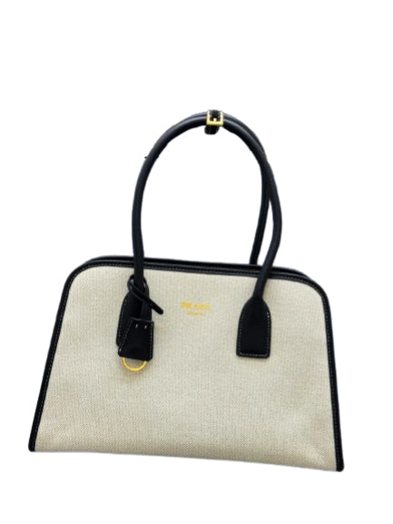 Prada Linen Blend Leather Tote Bag
