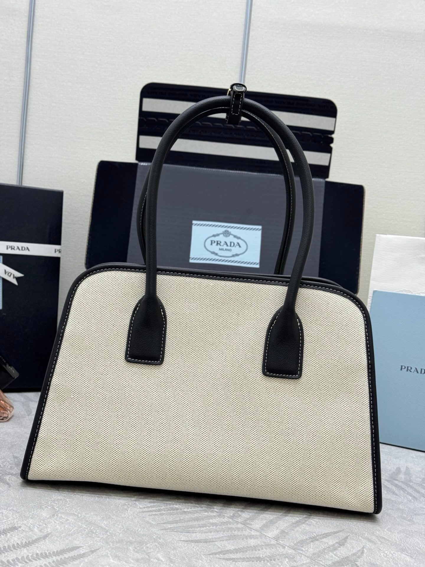 Prada Linen Blend Leather Tote Bag