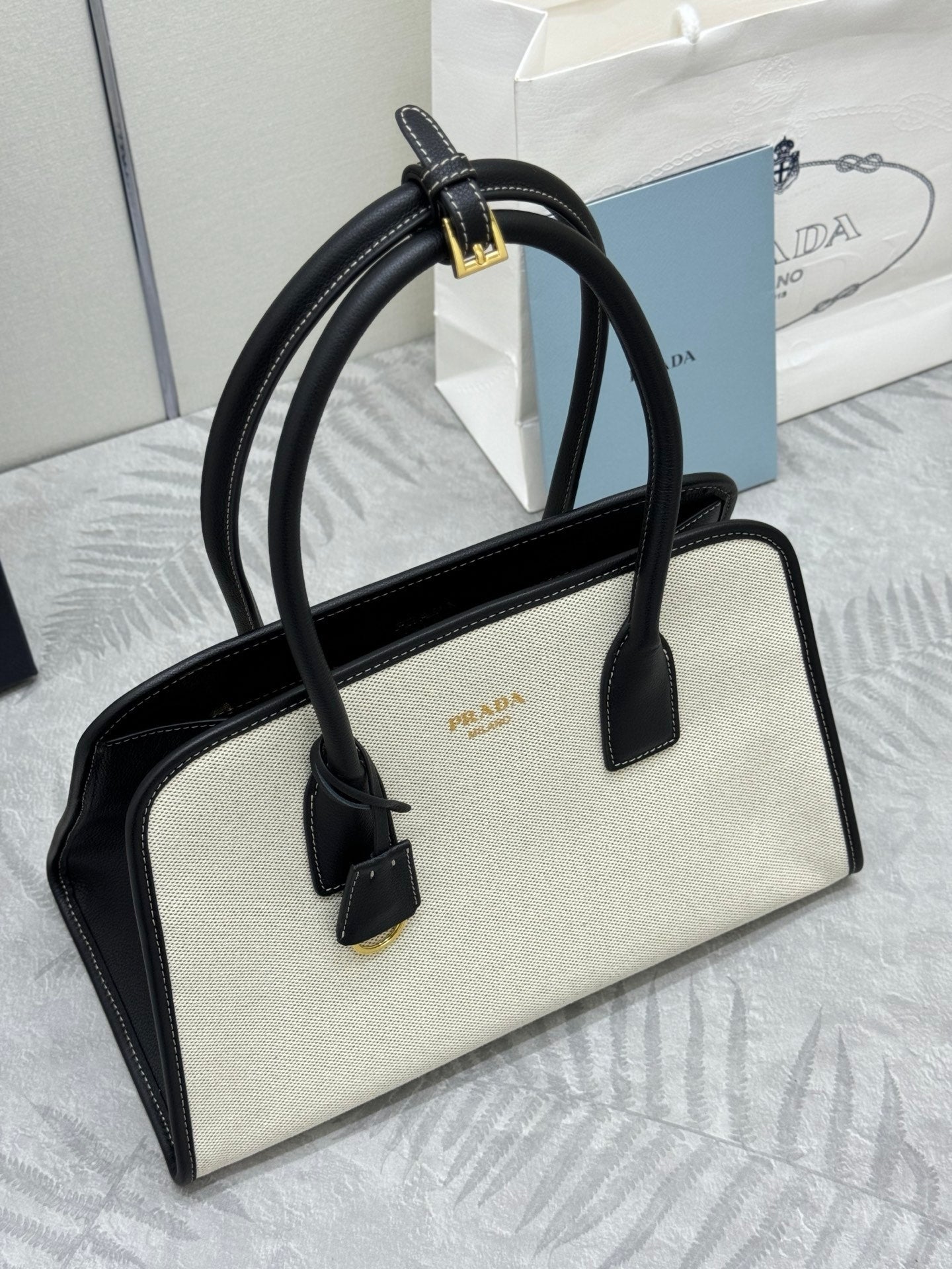 Prada Linen Blend Leather Tote Bag