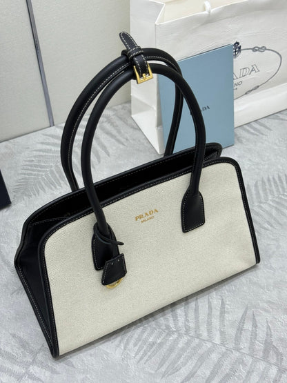 Prada Linen Blend Leather Tote Bag