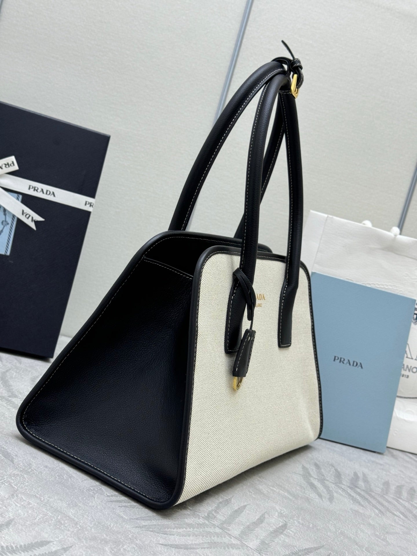 Prada Linen Blend Leather Tote Bag
