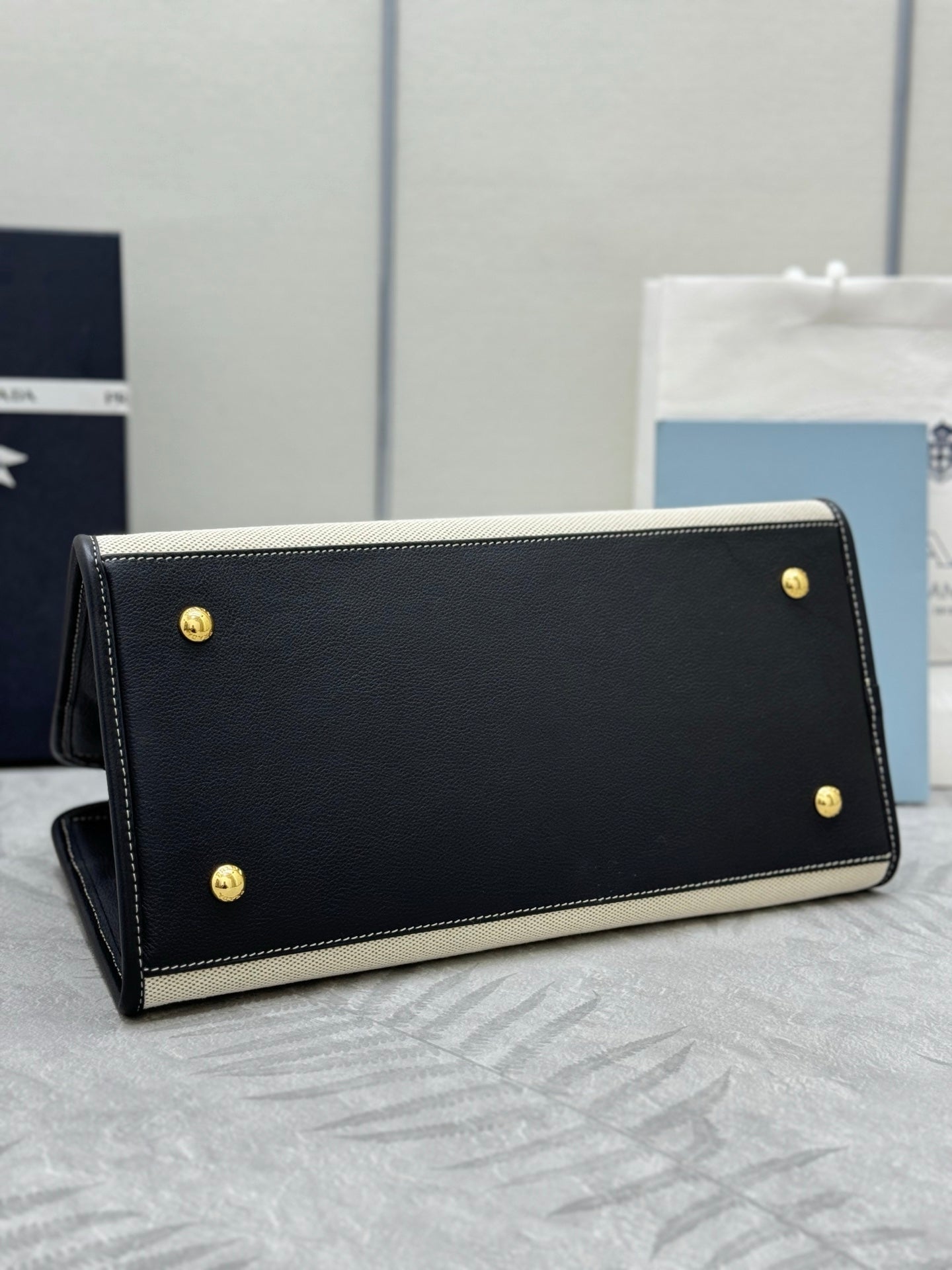 Prada Linen Blend Leather Tote Bag