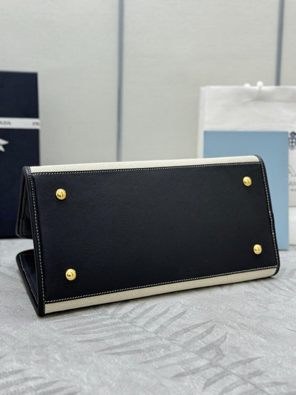 Prada Linen Blend Leather Tote Bag