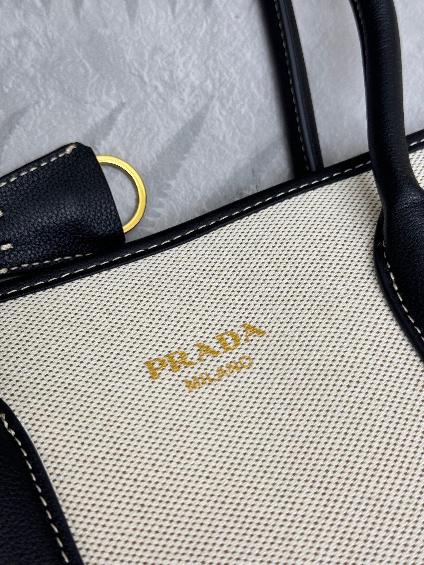 Prada Linen Blend Leather Tote Bag