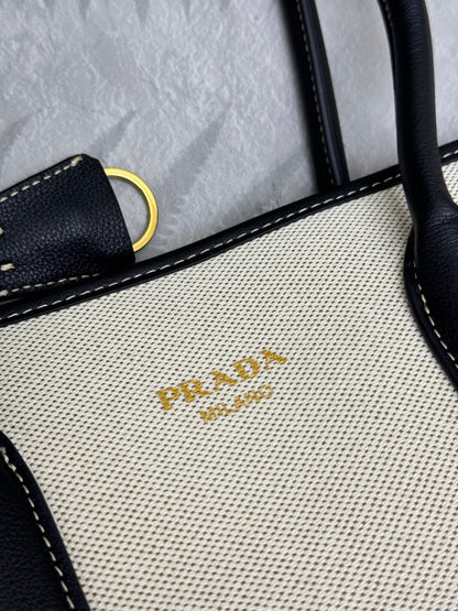 Prada Linen Blend Leather Tote Bag