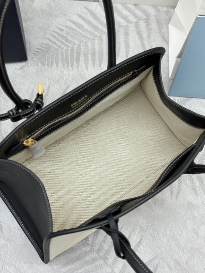 Prada Linen Blend Leather Tote Bag