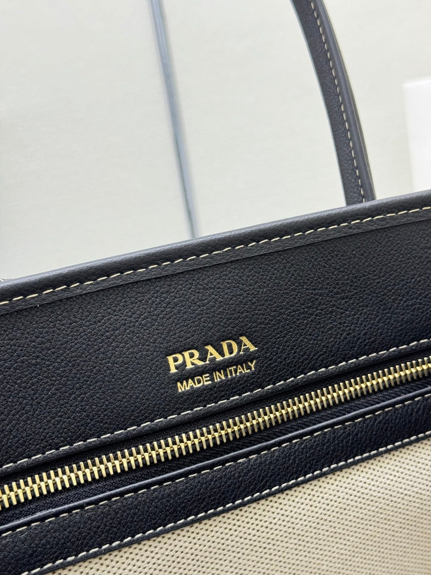Prada Linen Blend Leather Tote Bag