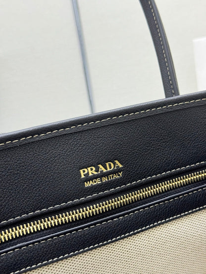 Prada Linen Blend Leather Tote Bag