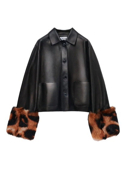 Loewe Cropped Leather Jacket with Leopard-Print Cuffs