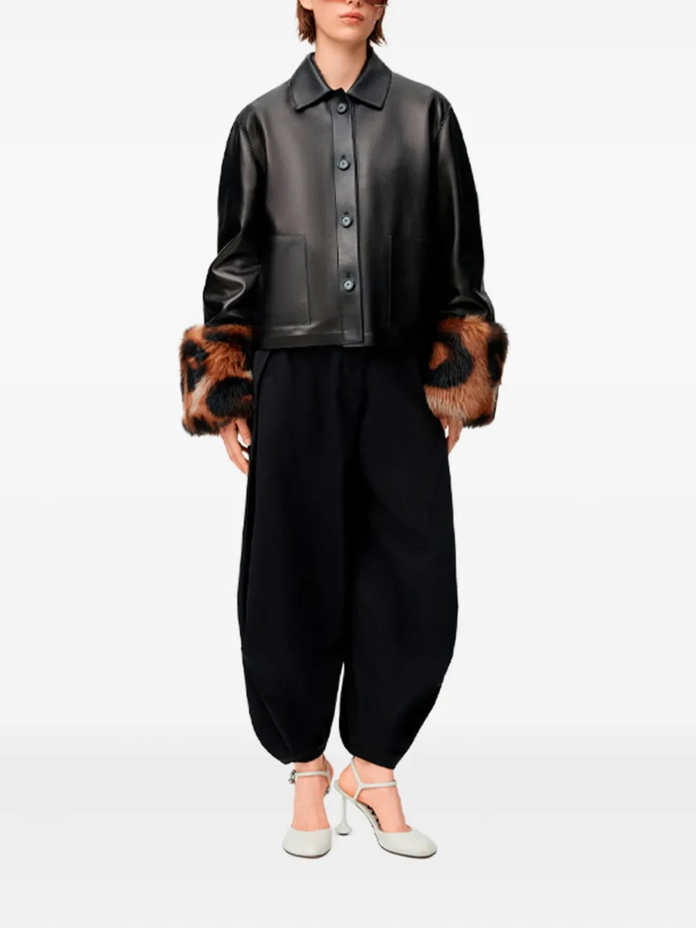 Loewe Cropped Leather Jacket with Leopard-Print Cuffs