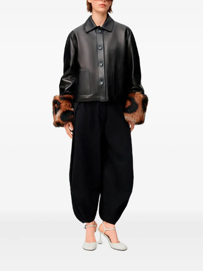 Loewe Cropped Leather Jacket with Leopard-Print Cuffs