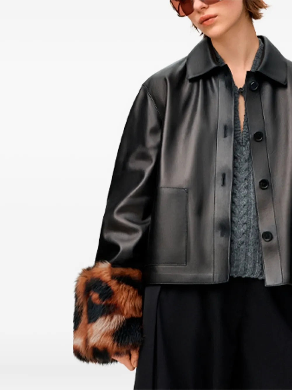 Loewe Cropped Leather Jacket with Leopard-Print Cuffs