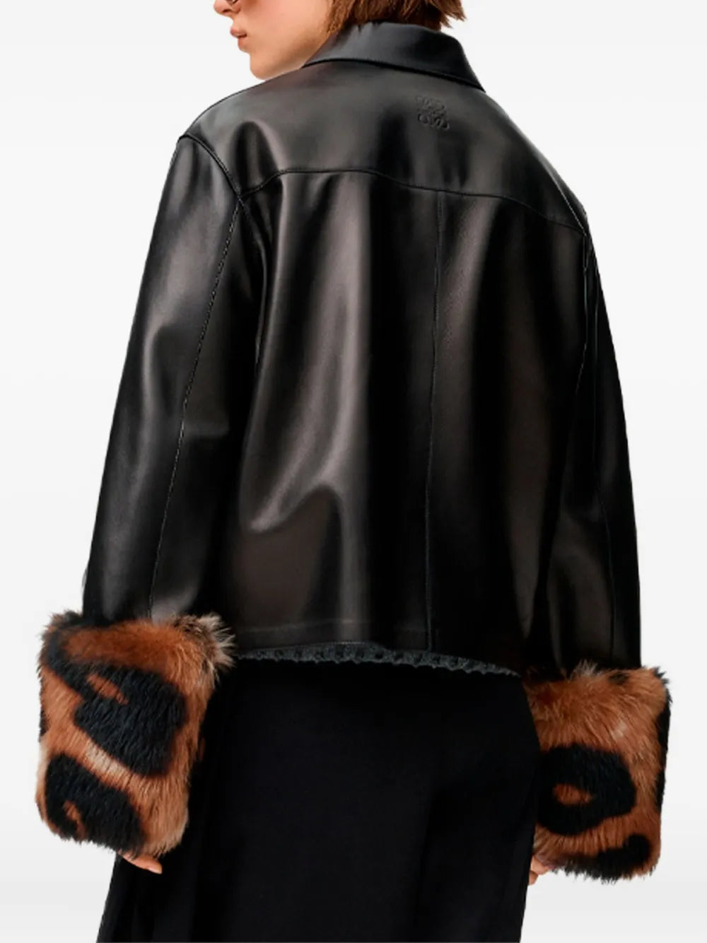Loewe Cropped Leather Jacket with Leopard-Print Cuffs