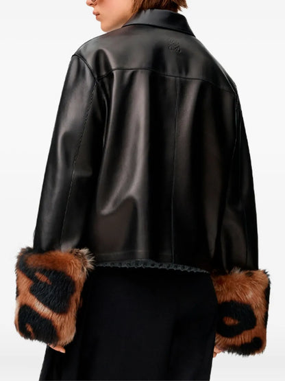 Loewe Cropped Leather Jacket with Leopard-Print Cuffs