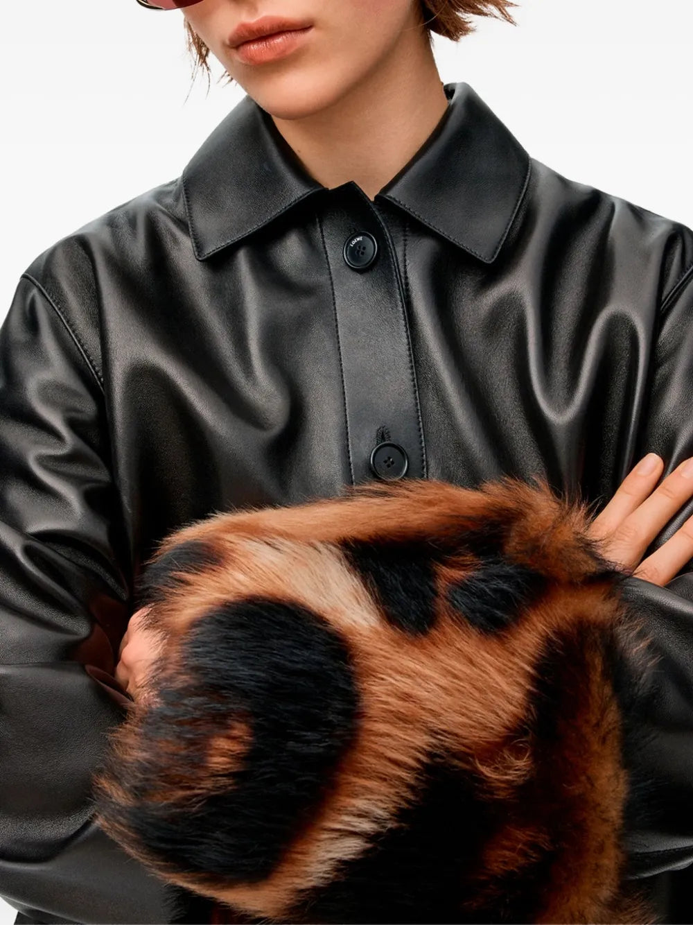 Loewe Cropped Leather Jacket with Leopard-Print Cuffs
