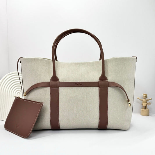 Loro Piana Ghiera Large Canvas & Leather Shopper Tote Bag