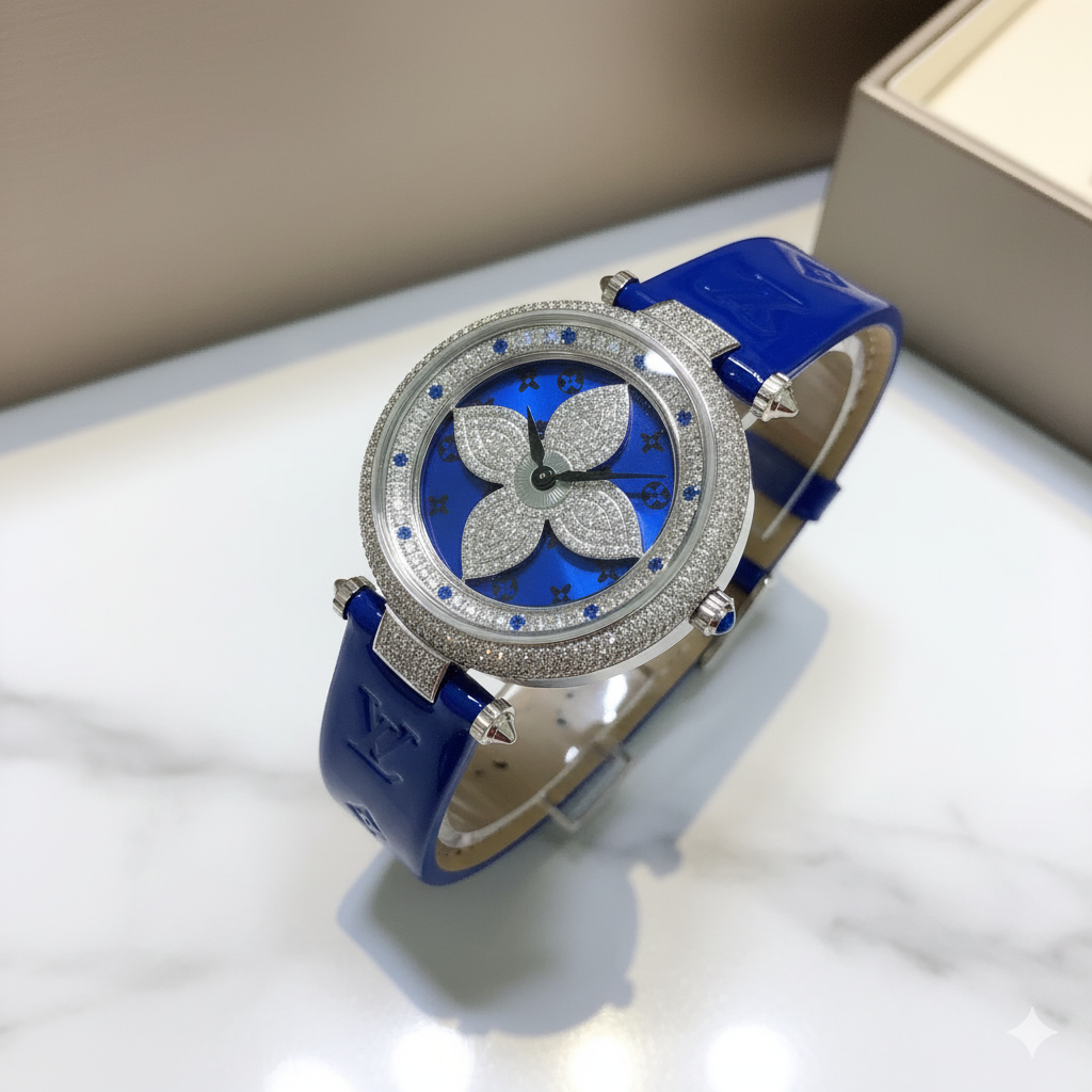 Louis Vuitton Blue Mother-of-Pearl Monogram Flower & Diamond-Set Bezel