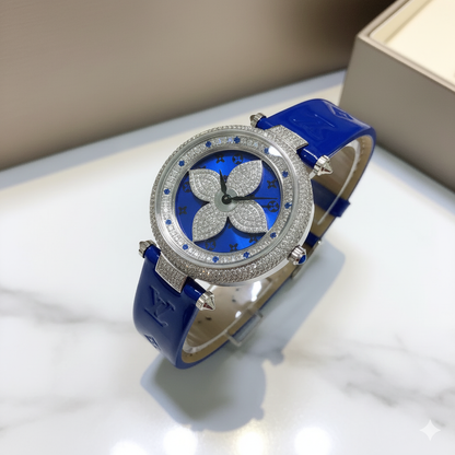 Louis Vuitton Blue Mother-of-Pearl Monogram Flower & Diamond-Set Bezel